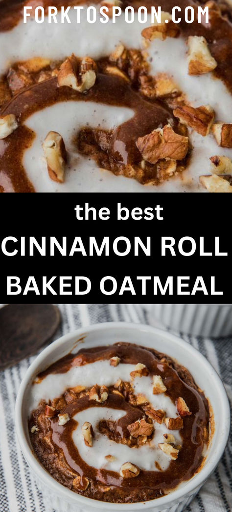 This Cinnamon Roll Baked Oatmeal is a healthy and delicious vegan breakfast that's perfect for meal prep! Easy to make and packed with cinnamon roll flavor. #BakedOatmeal Banana Cinnamon Baked Oatmeal, Blended Baked Oatmeal Recipes, Cinnamon Roll Oatmeal Bake, Blended Baked Oatmeal, Healthy Breakfast Bake, Cinnamon Roll Baked Oats, Blended Baked Oats, Cinnamon Roll Oatmeal, Cinnamon Roll Baked Oatmeal