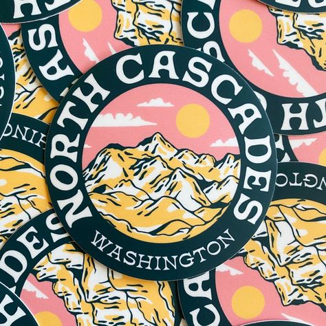 Brand new North Cascades mountain range sticker. Washington state U.S.A. illustrated travel design Cascades National Park, Vintage Postcards Travel, Pacific Northwest Art, Cascade National Park, North Cascades National Park, High Mountain, North Cascades, Parking Design, Usa Print