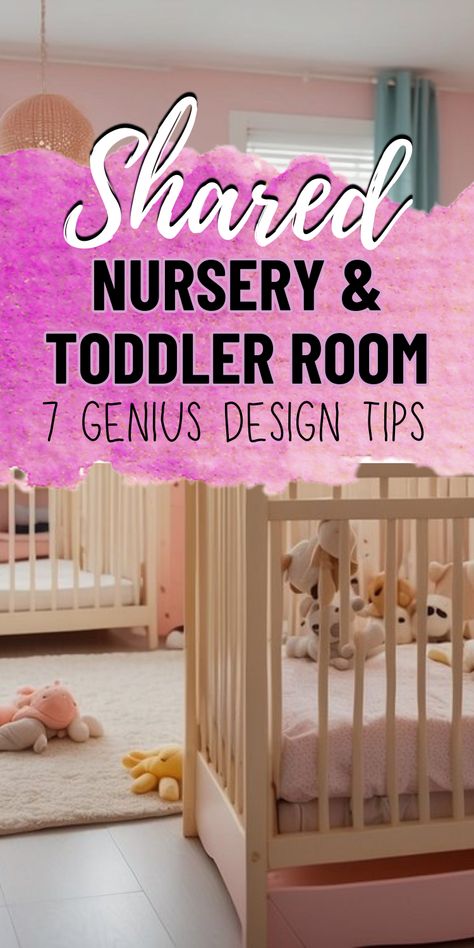 Shared nursery and toddler room design ideas. Nursery And Kids Room Shared, Two Toddler Girls Bedroom Ideas, Gender Neutral Shared Nursery, Infant Toddler Shared Bedroom, Twin Bed And Crib Shared Room Layout, Crib And Bed Shared Room, Toddler And Baby Girl Shared Room, Nursery Shared With Sibling, 3 Toddlers Sharing Room