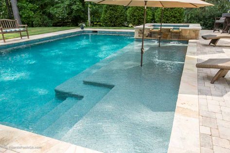 Pool Lounging Shelves - add an element or resort feel into your pool | ATLANTIS POOLS & SPAS, LLC Baja Step Pool Ideas, Front Yard Pool Ideas Curb Appeal, Swimming Pool Patio Ideas, Vinyl Pool Designs, Modern Beach Entry Pool, 12x25 Pool, Simple Pool Designs With Hot Tub, Pool Perpendicular To House, Pool Gate Ideas