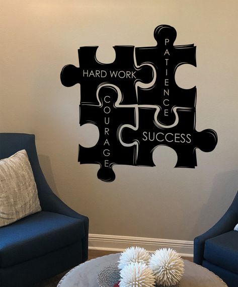 Motivational Wall Quote for Office Decor. Hard Work, Patience, Courage, Success Inspirational Puzzle Pieces Wall Decal Sticker. #1114 Start your day with a positive mindset! Custom Sizes Available: *All sizes are available, so if you need a bigger or smaller size decal, let us know before you purchase.  Additional fees for larger size cuts may apply. *Some decals may come in multiple pieces due to the size of the design. *Our decals can be positioned indoors or outdoors. How to Apply Decal: *Instructions are provided with each decal *This is the fun part! No tools needed. Decals can be applied within minutes. *Some decals may come in multiple pieces due to the size of the design. *Can be applied using a credit card or any plastic squeegee scraper to smooth out the decal onto the wall.  Wil Puzzle Piece Wall Decor, Large Wall Office Decor, Wall Vision Board Ideas, Motivational Room Decor, Motivational Room Decor Ideas, Office Quotes Motivational Wall Art, Puzzle Quotes Inspiration, Office Board Decoration Ideas, Elementary Principal Office Decor Ideas