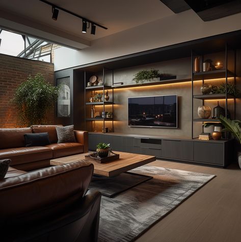 Funky Masculine Decor, Warehouse Loft Apartment Cozy, Modern Masculine Apartment, Bachelor Pad Living Room Apartments, Sala Tv Industrial, Masculine Tv Room, Spa Living Room Ideas, Tv Setup Living Room, Modern Masculine Living Room