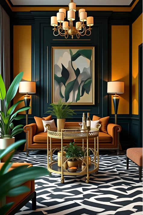 Glamorous art deco living room with statement decor and plants Art Deco Jungle Interior, Luxury Living Room Color Schemes, Art Deco Style Living Room, Electric Living Room Decor, Artdeco Interiors Living Room, Mid Century Modern Glam Living Room, 1920s Decor Interior Design, Gatsby Living Room, Art Deco Houses Interior