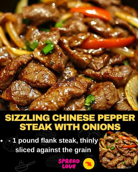 Sizzling Chinese Pepper Steak with Onions Chinese Pepper Steak With Onions Recipe, Pepper Steak With Onions, Pepper Steak Recipe Easy, Beef Kielbasa, Peper Steak, Minimalist Lunch, Pepper Steak And Onions, Steak With Onions, Beef Patties Recipes