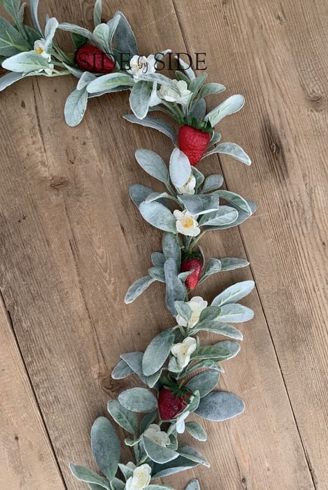 Strawberry Table Setting, Strawberry Themed Wedding, Strawberry Table Decorations, Soft Chandelier, Strawberry Centerpiece Ideas, Sage Ideas, Lambs Ear Garland, Strawberry Garland, Baby Shower Reveal Ideas