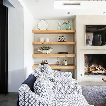 Light Wood Floating Shelves in Living Room Nook Nooks Next To Fireplace, Floating Shelves In Nook, Floating Shelves Brick Fireplace, Fireplace Nook Ideas, Nook Next To Fireplace, Fireplace With Floating Shelves On Sides Rustic, Nook By Fireplace, Floating Shelves Nextto Fireplace, Lighting Wood Ceiling