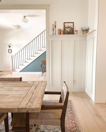 The dining room is almost complete 👌🏻 Shaded white by farrowandball is exactly the creamy taupe I was hoping for. Millwork Dining Room, Wanescotting Dinning Room, Dining Room With Beadboard, Tall Wainscoting Dining Room, Board And Barton Dining Room, Wainscoating Dining Area, Dining Room Chair Rail Two Tone, Beadboard Half Wall Dining Room, Neutral Modern Dining Room