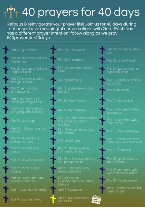 #40prayersfor40days - join us as we refocus our prayer life and prepare for #Easter during the forty days of #Lent! Each day has a different intention for prayer! Visit www.Instagram.com/syracusediocese to join us #SyracuseDiocese 40 Days Of Lent Challenges, Things To Pray For List Of, Holy 40 Challenge, Prayer Points When Fasting, Lent Preparation, Prayer List Ideas, Lent Challenge, Prayer Calendar, 40 Days Of Prayer