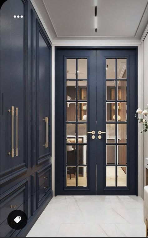 City Townhouse Interior Decor, Office At Entrance Of House, Classic French Doors, Enclosed Foyer, French Interior Doors, Blue Doors, Hallway Designs, Home Entrance Decor, Entry Way