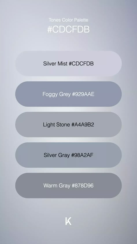 Tones Color Palette Silver Mist #CDCFDB · Foggy Grey #929AAE · Light Stone #A4A9B2 · Silver Gray #98A2AF · Warm Gray #878D96 Mist Color Palette, Silver Palette, Silver Color Palette, Mist Color, Dusk Sky, Color Design Inspiration, Hex Color Palette, Silver Mist, Color Pallete