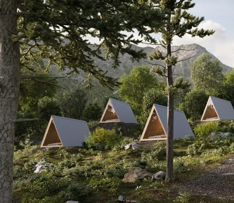 A Frame Community, Glamping A Frame, Glamping Airbnb Ideas, Glamping House Ideas, Camping Pods Ideas, A Frame Resort, Simple A Frame Cabin, Glamping Architecture, A Frame Glamping