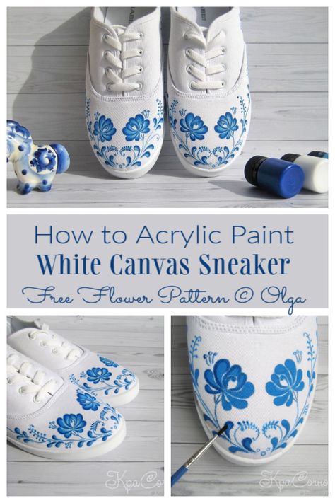 How to Customize Pattern on White Canvas Sneakers | Fabric Art DIY Free Flower Patterns, Diy Sneakers Designs, Christmas Shoes Diy, Fabric Covered Shoes, Canvas Shoes Diy, Fabric Art Diy, Bright Sneakers, White Canvas Sneakers, Painted Shoes Diy