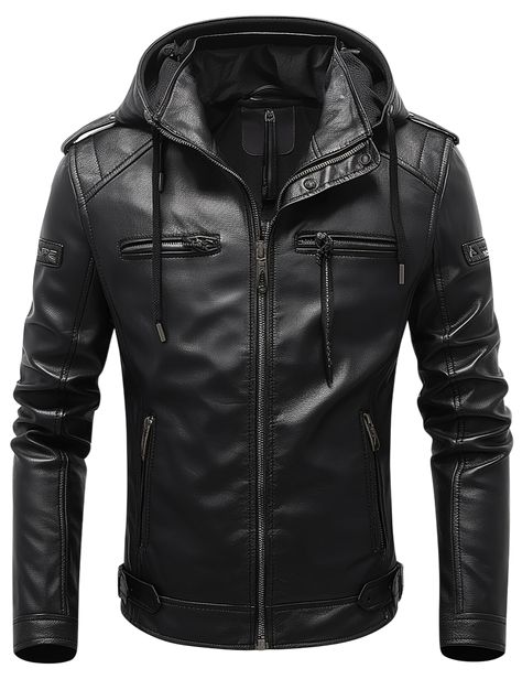 DURVANE Men's Casual Leather Motorcycle Bomber Jacket with Hood Stand Collar Zip-Up Design Hooded Leather Jacket, Leather Jacket With Hood, Men's Leather Jacket, Jacket With Hood, Leather Jacket Men, Leather Jackets, Men's Casual, Stand Collar, Zip Up