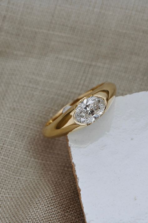 Heirloom Jewelry Ideas, Inset Wedding Rings, Unique Minimal Engagement Rings, Low Profile Bezel Engagement Ring, Unique Engagement Rings Bezel, Original Wedding Ring, Dome Engagement Ring, Bezel Ring Engagement, Chunky Bezel Engagement Ring