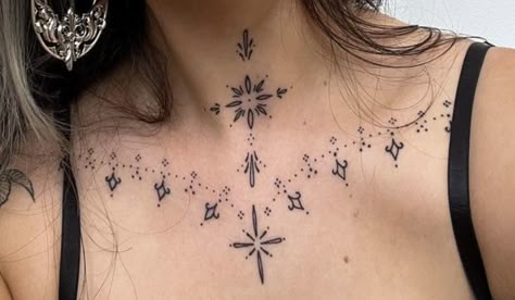 Small Chest Ornament Tattoo, Minimal Throat Tattoo, Jugular Notch Tattoo, Small Under Chin Tattoo Woman, Delicate Throat Tattoo, Womans Chest Tattoo Ideas, Ornamental Collarbone Tattoo, Simple Throat Tattoo, Ornamental Collar Bone Tattoo