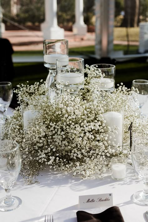 Elegant Southern Wedding Dress, Outside Tent Wedding Decor, White Lace Tablecloth Wedding, Wedding Table Gypsophila, Greenery And Floral Centerpieces, Baby’s Breathe Centerpieces, Round Arbor Wedding Ceremony Arch, Short Wedding Table Centerpieces, Table Flower Decorations Wedding