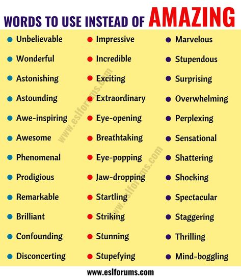 AMAZING Synonym: List of 36 Synonyms for Amazing with Examples - ESL Forums List Of Synonyms, Describing Words, Writing Posters, Essay Writing Skills, Descriptive Words, Good Vocabulary Words, Good Vocabulary, English Writing Skills, Words To Use