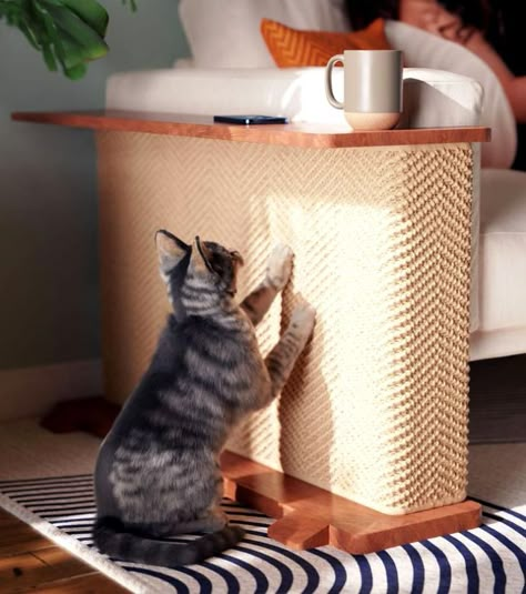 This is more than just a scratching post. Read on to find out how the Cat-e-Corner is redefining cat furniture. Cat Sofa Protector, Cat Room Interior Design, Cat Scratcher For Couch, Cat Scratcher Couch Corner, Cat Scratcher Side Table, Natural Wood Cat Tree Diy, Protect Sofa From Cat, Cat Furniture Protectors, Cats Living Room