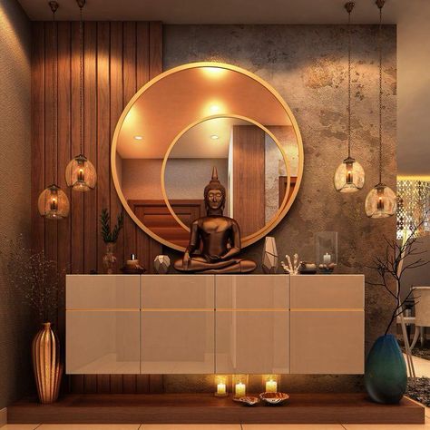 Foyer Designs, Entrance Wall, Buddha Decor, Crockery Unit, Entrance Lobby, Hall Interior Design, Pooja Room Door Design, Pooja Room Design, Hall Interior