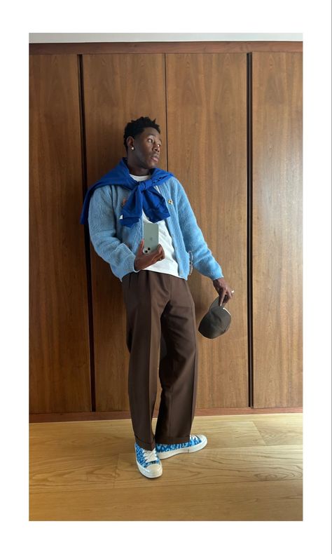 fashion inspo outfits, fashion killa, fashion illustation, fashion trends 2023, fashion styles, fashion aesthetic, fashion aaccessories, fashion rings, fashion looks, lifestyle, lifestyle photography, lifestyle aesthetic, lifestyle photoshoot, street fashion, streetwear Blue Converse Outfit, Tyler The Creator Fashion, Blue Cardigan Outfit, Tyler The Creator Outfits, Chinos Men Outfit, Brown Pants Men, Slacks Outfit, Brown Pants Outfit, Brown Slacks