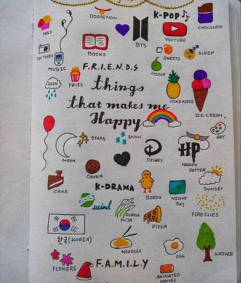 Journal Ideas Things That Make Me Happy, What Make Me Happy Journal, Happy Drawings Doodles Art Journals, Things To Be Happy About Journal, Journal Ideas What Makes Me Happy, Draw Notebook Ideas, Dairy Design Ideas Journal, Things That Makes Me Happy Journal, Notes Decoration Ideas School