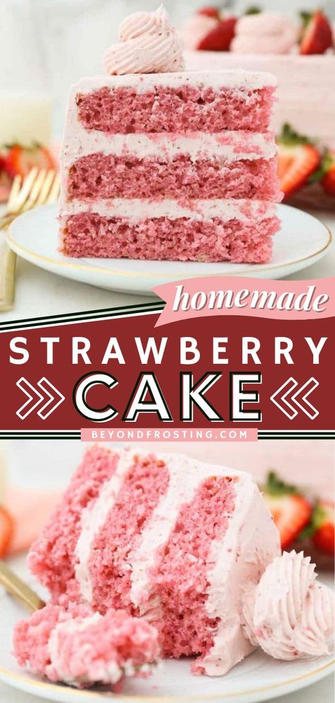 Homemade Strawberry Cake, baking recipes, easy desserts to impress Cake With Strawberry Frosting, Dessert Recipes For Beginners, Strawberry Frosting Recipes, Homemade Yellow Cake, Homemade Strawberry Cake, 7up Pound Cake, Strawberry Cake Recipe, Cake Recipe Moist, The View From Great Island