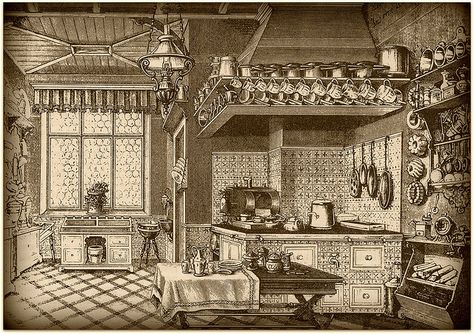 victorian kitchen. also a bangin illustration 1890s Kitchen, Old Mansions Interior, Victorian Kitchens, Kitchen Victorian, Kitchen Restoration, St L, Dollhouse Inspiration, Victorian Interior, Victorian Kitchen