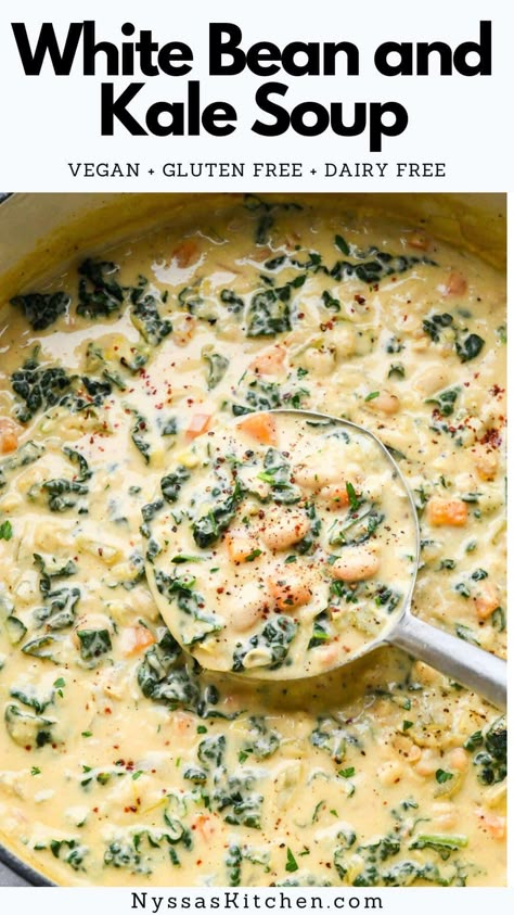 Vegan White Bean And Kale Soup, White Bean Kale Soup Vegan, Kale Veggie Soup, White Bean Kale Soup Crockpot, Nutrititarian Recipes, Kale And Cannellini Bean Soup, Vegan Gerd Recipes, Creamy Kale Soup, Vegan Gf Soup