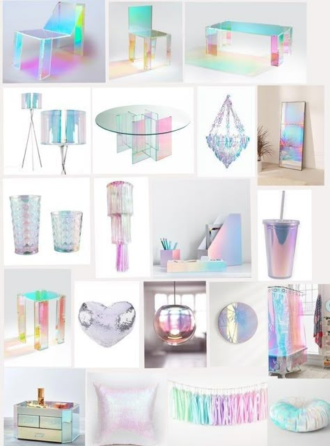 Irridescent Furniture, Holographic Decorations Parties, Iridescent Office Decor, Holographic Room Decor, Iridescent Room Decor, Iridescent Office, Irredescent Aesthetic, Millenial Grey, Plexi Glass Ideas