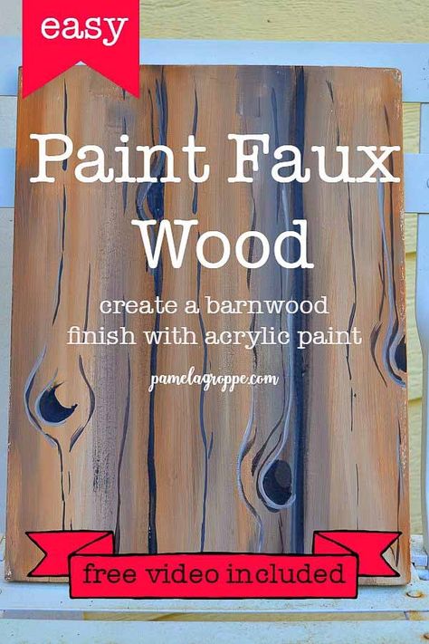 Learn how to paint faux wood grain to create beautiful faux barn wood, fences or other wood backgrounds for your paintings. Easy step by step lesson with free video! #easypainting #easypaintlesson #canvaspainting #beginnerpainting #pamelagroppeart How To Paint Cardboard To Look Like Wood, Wood Grain Painting Techniques, Diy Wood Grain Paint, How To Paint Wood Texture, Paint Faux Wood Grain, Paint Faux Wood, Painting Fake Wood, Wood Painting Techniques, Faux Wood Paint