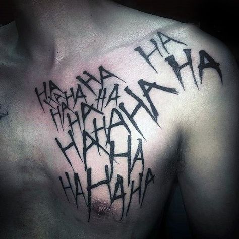 Mens Joker Laugh Black Ink Ha Letters Upper Chest Tattoos Joker Tattoo Hahahahaha, Cute Joker Tattoo, Joker Tattoo Chest, Tattoo Ideas For Men Joker, Joker Tattoos Men, Joker Laugh Tattoo, Joker Hahaha Tattoo, Ha Ha Ha Joker Tattoo, Upper Chest Tattoo Men