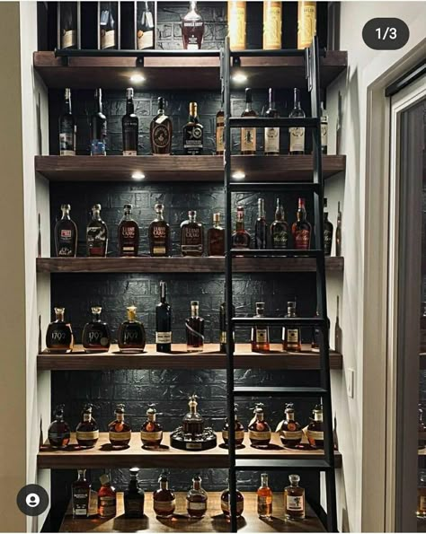 Home Library Whiskey Room, Display Liquor Cabinet, Whiskey Display Ideas Home, Cigars Room Man Cave, Bourbon Bar Basement, Library Wine Bar, Wine And Bourbon Room, Bourbon Room Ideas Modern, Whiskey Room Lighting