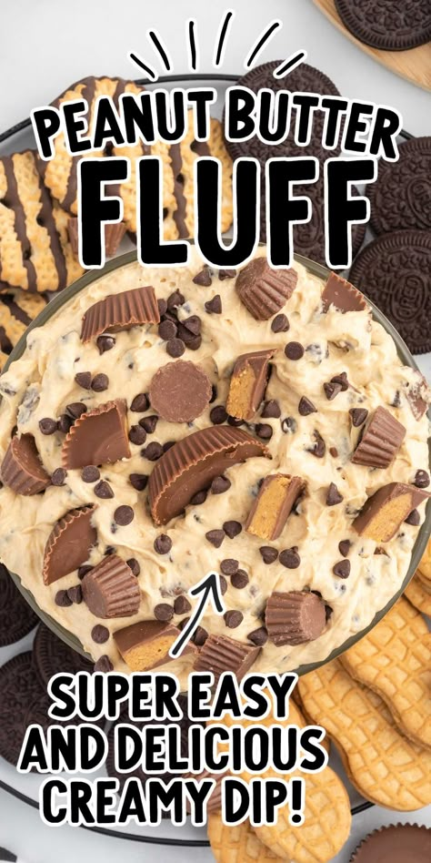 Peanut butter fluff is a creamy dip loaded with plenty of creamy texture and mini peanut butter cups. Reeses Fluff, Reese’s Peanut Butter Dip Recipe, Reese’s Peanut Butter Dip, Fluff Dips, Peanut Butter Cup Dip, Peanut Butter Cookie Dough Dip, Dip Night, Peanut Butter Fluff, Reese's Recipes