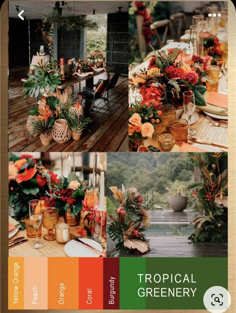 Tropical Wedding Palette, Tropical Wedding Color Palette, Island Theme Wedding, Jungle Wedding Theme, Beach Wedding Color Palette, Coral Wedding Themes, Tropical Wedding Reception, Jungle Wedding, Tropical Wedding Theme