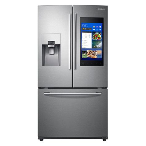 Shop Refrigerators Samsung Refrigerator Organization, Samsung Family Hub Refrigerator, Family Hub Refrigerator, Linen Storage Cabinet, Hanging Barn Doors, Modern Kitchen Appliances, Internal French Doors, Smart Refrigerator, Family Hub