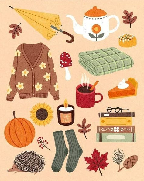 Fall Cute Illustration, Cute Fall Illustration Art, Fall Objects, Autumn Illustration Art, Fall Illustration Art, November Illustration, October Illustration, Hygge Autumn, Fall Illustrations