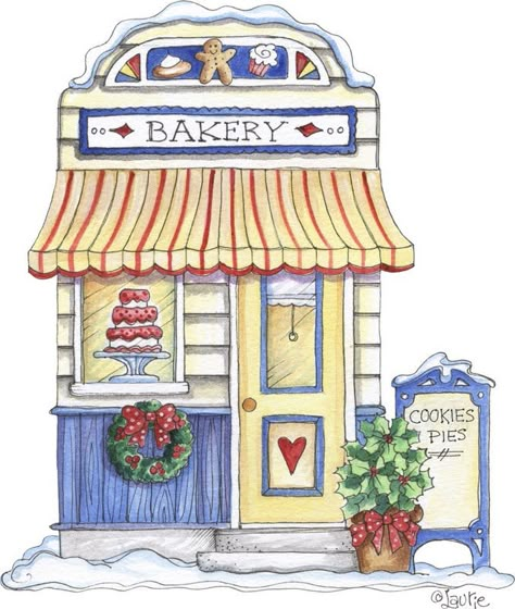 Bakery (Laurie Furnell) Village Drawing, Xmas Village, Building Illustration, Shop Illustration, Architecture Drawing Art, House Illustration, 수채화 그림, Building Art, Cat Air