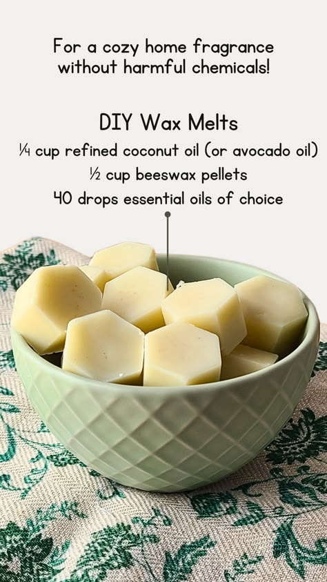 Ahhh, the joy of new scented wax melts… until you realize they're full of synthetic fragrances and toxins. Instead, try DIY wax melts for a cozy, chemical-free home! How To Make Beeswax Wax Melts, Essential Oil Wax Melts Recipes, Diy Soy Wax Melts With Essential Oils, Non Toxic Wax Melts Diy, Natural Wax Melts Diy, Coconut Oil Wax Warmer Recipes, Essential Oil Blends For Wax Melts, Wax Melt Fragrance Recipes, Natural Scented Candles Diy