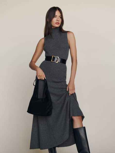 The Knitted Dress Trend: How To Style A Jumper Dress | Who What Wear UK Grey Work Dress, Work Dresses For Women Office Outfits, Chic Winter Outfits, Cashmere Dress, Turtleneck Dress, Work Fits, Effortlessly Chic Outfits, Cashmere Blend Sweater, Reformation Dresses