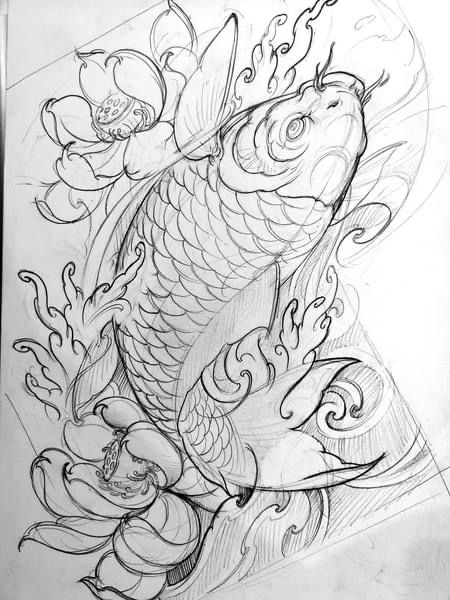 Neo Traditional Koi Fish Tattoo, Koifish Japanese Tattoo, Japanese Koi Tattoo Design, Koi Japanese Tattoo, Fish Tattoo Drawing, Japanese Koi Fish Tattoo Design, Koi Sketch, Koi Fish Sketch, Japanese Koi Tattoo