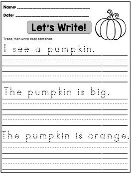 Fall Writing Activities: Writing Sentences Practice for 1st Grade, Kindergarten Handwriting Practice Sentences, Writing Simple Sentences, Fall Writing Activities, Simple Handwriting, Writing Sentences Worksheets, Learn Handwriting, Fall Worksheets, Practice Tracing, Fall Writing