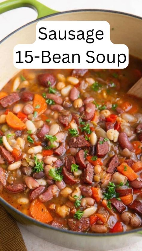 An easy 15-Bean Soup recipe with hearty sausage and vegetables for a filling meal! This budget-friendly recipe is perfect for the chilly months of the year. Crockpot 15 Bean Soup, 13 Bean Soup Recipe, Sausage And Bean Soup, Bean Soup Mix Recipe, 16 Bean Soup, Sausage And Vegetables, Bean And Sausage Soup, Classic Chicken Noodle Soup, Slow Cooker Baked Beans