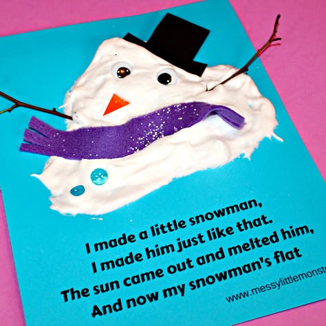 An easy melted snowman kids craft and printable poem using a simple puffy paint recipe that uses shaving foam and glue. A fun snow or winter art or literacy project for toddlers and preschoolers as well as older kids. Snowman Craft Ideas For Kids, Christmas Puffy Paint, Puffy Paint Snowman, Easy Winter Crafts For Preschoolers, January Crafts Preschool, Preschool January Crafts, Preschool Snowman Craft, Snowman Preschool Crafts, Snowman Craft Preschool