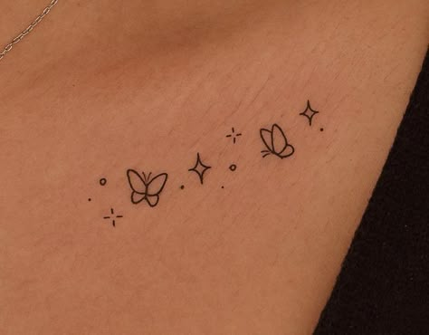 Butterfly With Stars Tattoo Design, Stars Butterfly Tattoo, Stars And Butterfly Tattoos, Small Butterfly Tattoo On Wrist Simple, Butterfly And Sparkle Tattoo, Butterfly Tattoo With Sparkles, Butterfly Sparkle Tattoo, Butterfly With Sparkles Tattoo, Stick And Poke Butterfly