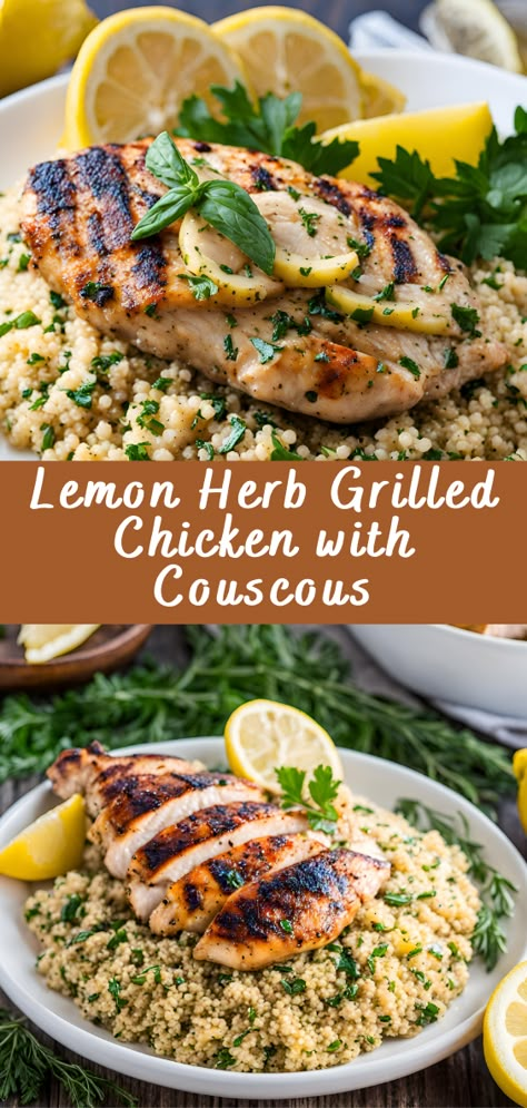 Lemon Herb Grilled Chicken with Couscous | Cheff Recipes Greek Chicken With Couscous, Couscous Chicken Bowl, Couscous Salad With Chicken, Mediterranean Recipes With Couscous, Meal With Couscous, Healthy Recipes With Couscous, Lemon Herb Couscous Salad, Lemon Herb Chicken Recipe, Mediterranean Chicken And Couscous