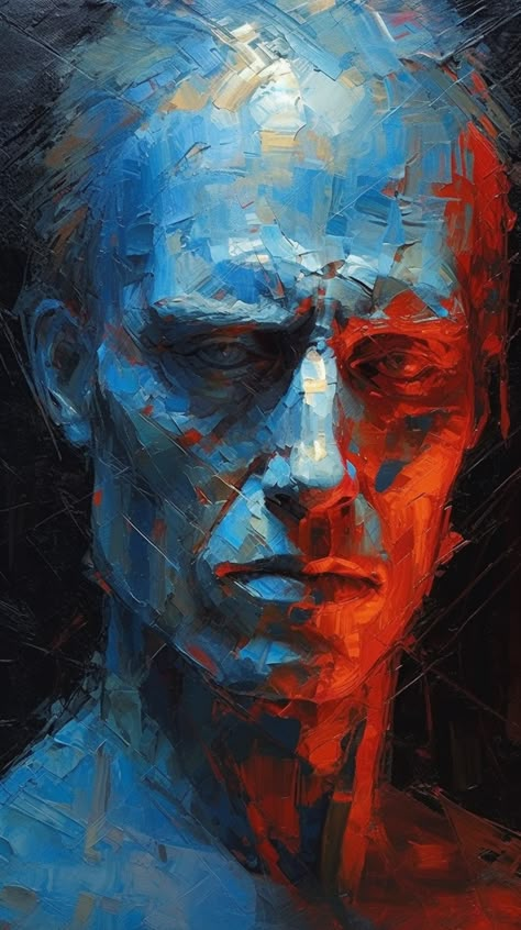 Painting Of A Man, Face Cartoon, Abstract Portraits, Portraiture Painting, Portrait Oil Painting, Blue Face, Art Faces, Research Lab, Cartoon Portrait