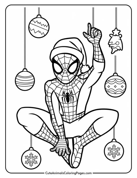 Coloring page featuring a cartoon superhero in a Spider-Man costume, wearing a Santa hat, surrounded by hanging Christmas ornaments. Perfect for holiday-themed activities and children's art projects. Christmas Spiderman Coloring Pages, Christmas Characters Coloring Pages, Spiderman Christmas Coloring Pages, Cute Coloring Pages Christmas, Free Christmas Coloring Pages Printables, Christmas Coloring Sheets Free Printable, Spider Man Coloring Pages, Christmas Art Drawing, Disney Christmas Coloring Pages