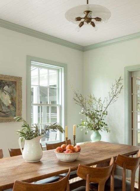 Beautiful country dining room with celadon trim in a home by Joshua Smith. #celadonpaintcolor #greeninteriors #greentrim Green Dining Room Decor, Green Dining Room Walls, Joshua Smith, Lady Decluttered, Different House Styles, Country Dining Room, Dining Room Paint Colors, Cottage Dining Rooms, Green Dining Room