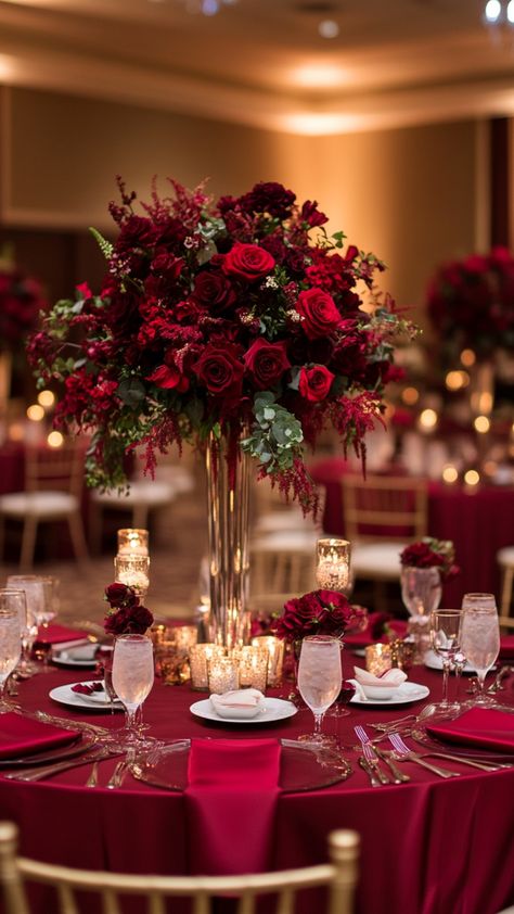 Burgundy winter wedding theme with burgundy decor, flowers,  and table settings for a cozy and elegant winter celebration. Wedding Reception Colour Themes, Maroon Wedding Theme Table Settings, Red Christmas Wedding Theme, Burgundy And Gold Quinceanera Theme Decorations, Burgundy Wedding Aesthetic, Red And Brown Wedding Theme, Christmas Themed Wedding Reception, Dark Red And Gold Wedding, Wedding Colors With Red