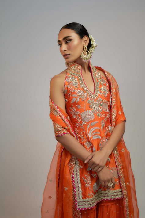 Orange sitara sharara and kurta set - CUSTOM -  #Custom #Kurta #Orange #Set #Sharara #sitara Halter Neck Kurta, Diwali Outfit, Designer Sharara, Gopi Vaid, Suit Neck Designs, Indian Fits, Sharara Designs, Haldi Outfits, Diwali Outfits